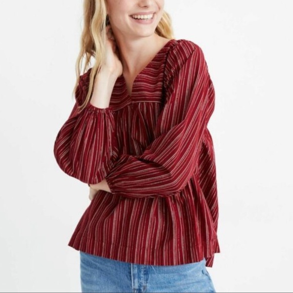 Madewell NEW Womens Red Stripe Peasant Shirt NWT V Neck - Picture 1 of 11